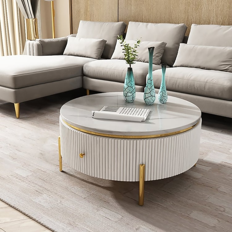 Yelly Modern Round Coffee Table with Storage Sintered Stone Accent Table Stainless Steel