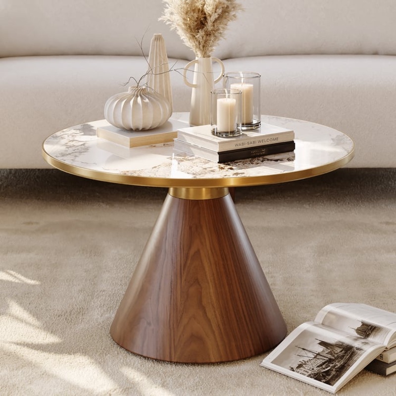 28″ Round Walnut Sintered Stone Top Coffee Table