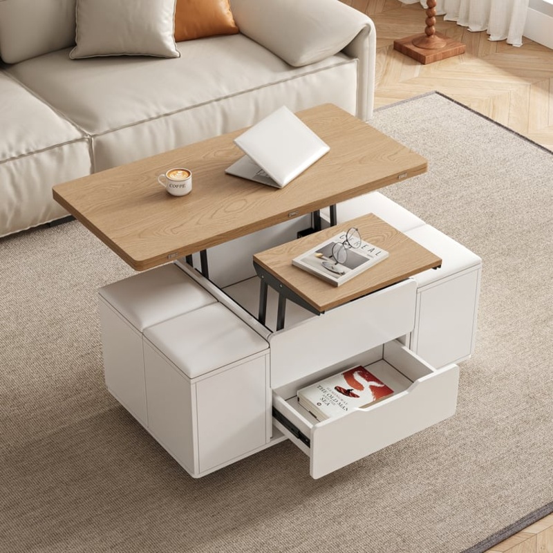 39″ Lift-Top Foldable Natural & White Coffee Table with 4 Stools & Storage