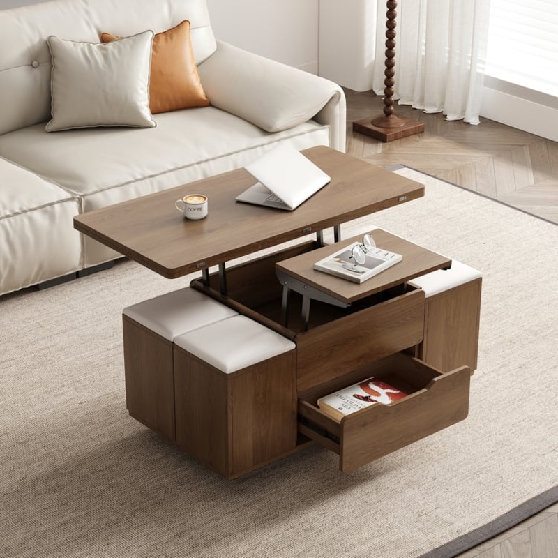 39″ Lift-Top Foldable Walnut Coffee Table with 4 Stools & Storage