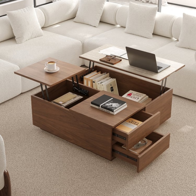 39″ Square Lift-Top Solid Wood Travertine Veneer Coffee Table