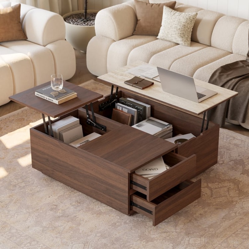 39″ Square Lift-Top Walnut Travertine Veneer Coffee Table