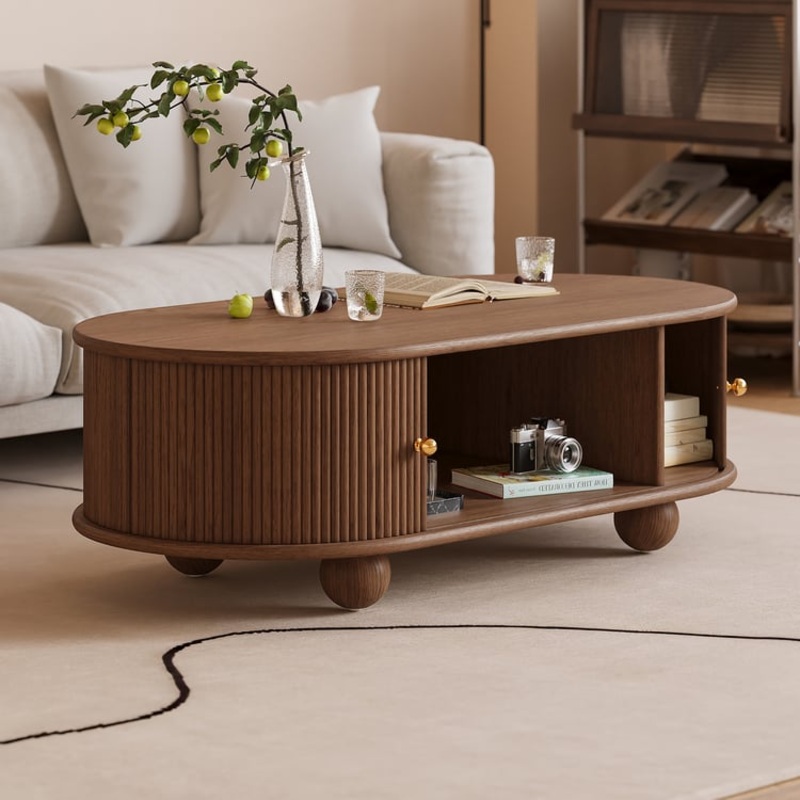 47″ Modern Oval Walnut Solid Wood Fluted Coffee Table with Storage