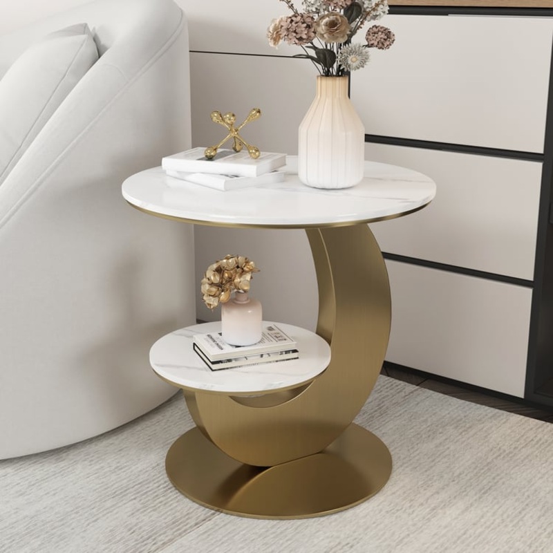 20″ Round Sintered Stone 2-Tier Gold Moon-Shaped Side Table