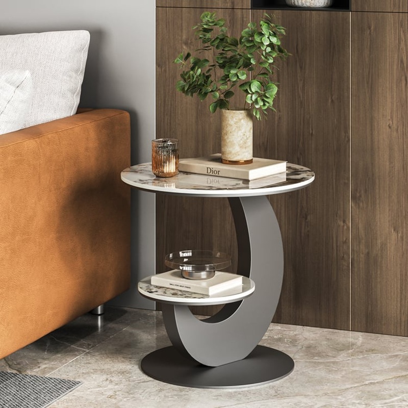 20″ Round Sintered Stone 2-Tier Moon-Shaped Side Table