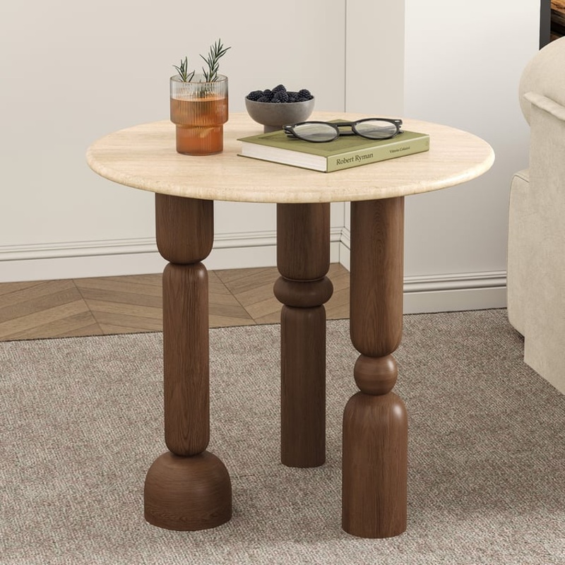 20″ Round Travertine Top Solid Wood Side Table