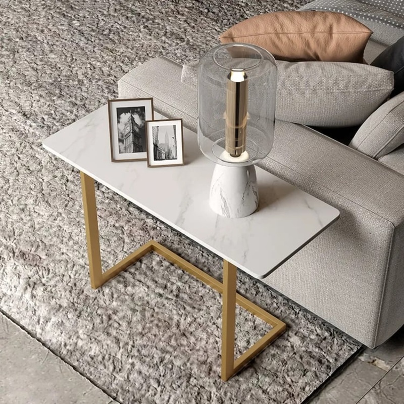 26″ C-Shaped Rectangle Sintered Stone Gold Finish Side Table