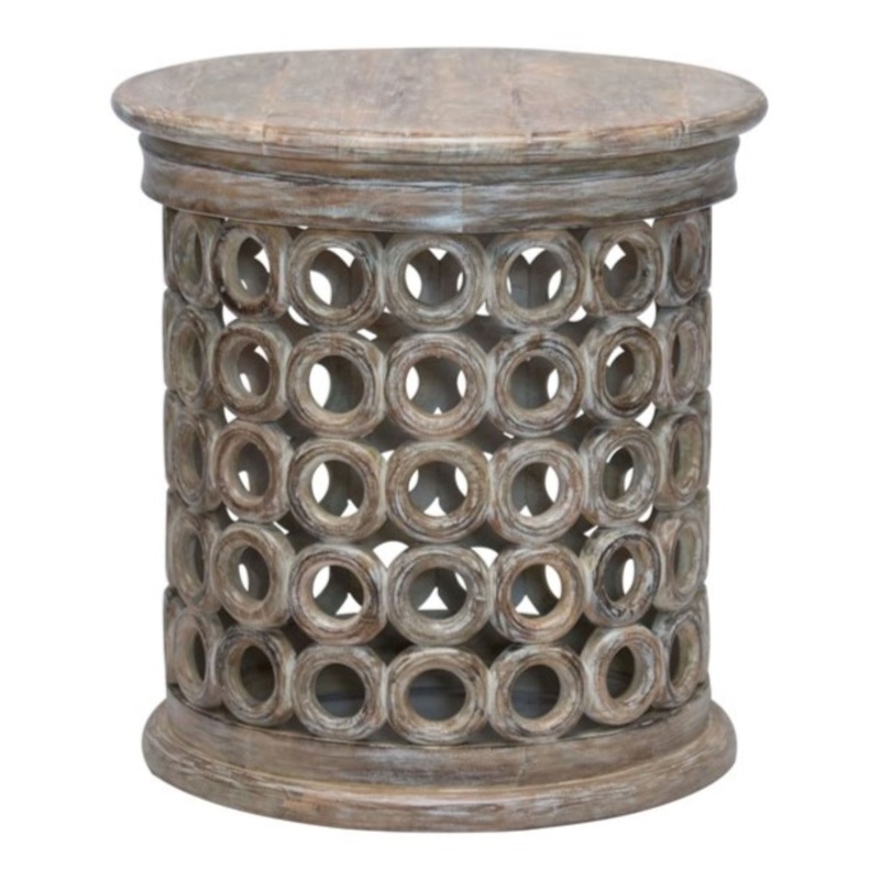 Seething Round Brown Carved Wood Circle End Table