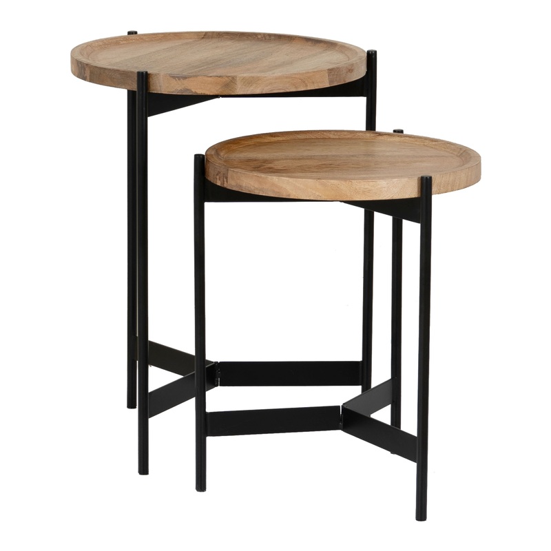 Tristan Round Wood and Black Metal Nesting Tables 2 Piece Set