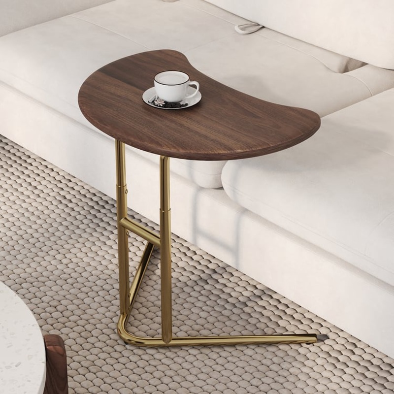 Walnut & Gold C-shaped Lift Top Adjustable Side Table