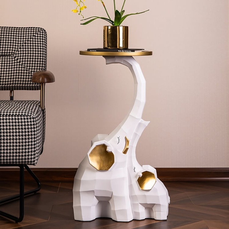 White & Gold End Table with Tray Top Decor Elephant Shape Side Table
