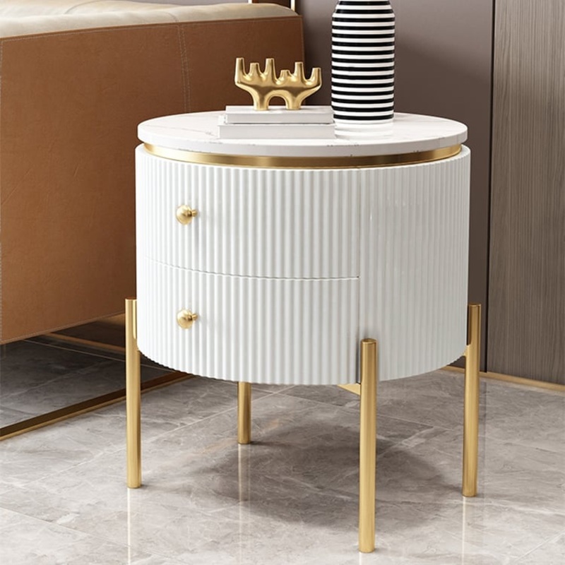 Yelly 21″ Round Faux Marble Gold Side Table with Storage