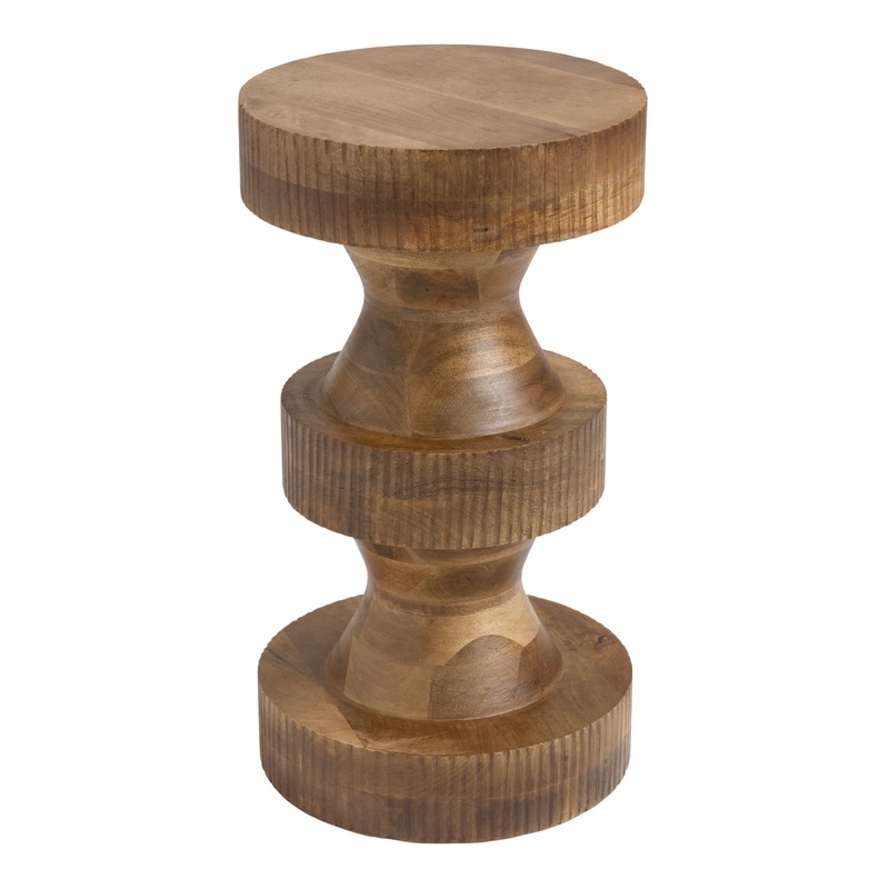 Sheki Round Carved Wood Tiered Geo Side Table