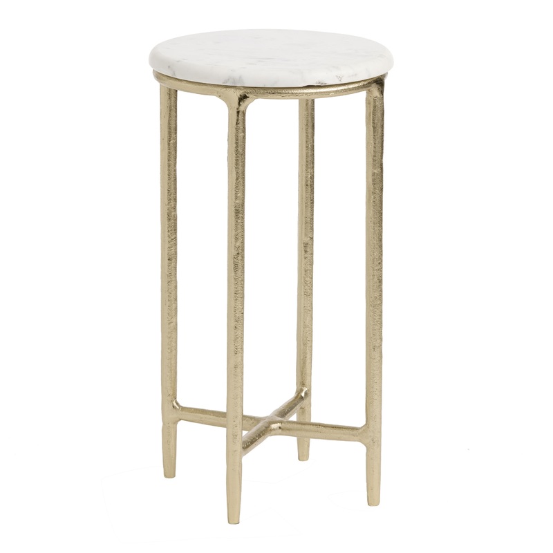 Vala Round White Marble Top and Gold Metal X Base Side Table