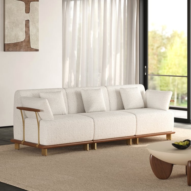 102″ 3-Piece Modular White Boucle Sectional Sofa with Rubber Wood