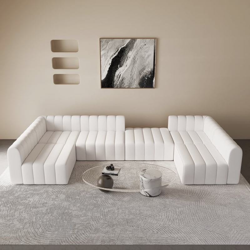 118.9″ White Microfiber Leather Modular Pit Sectional Sofa Set Convertible 6-Seater