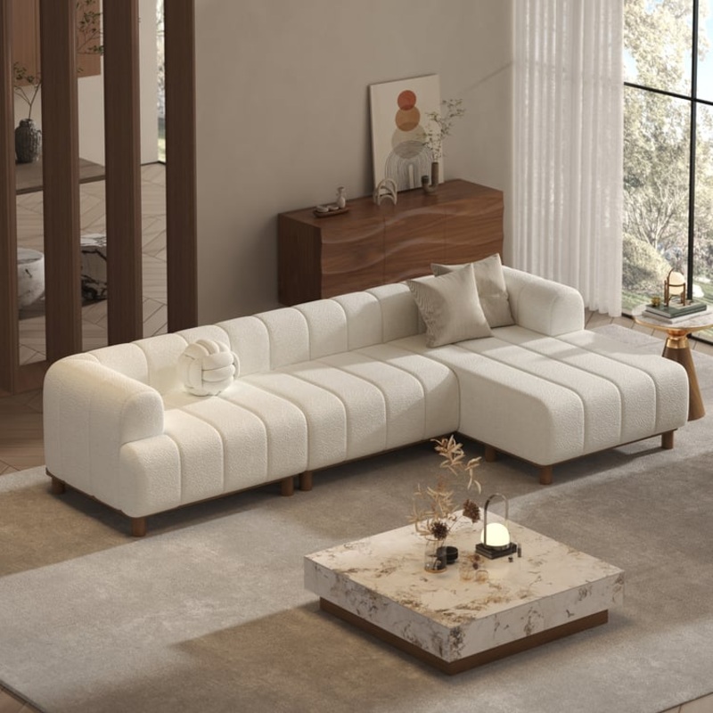 118″ Boucle 3-Piece L-Shaped Chaise Sectional with Wood Legs