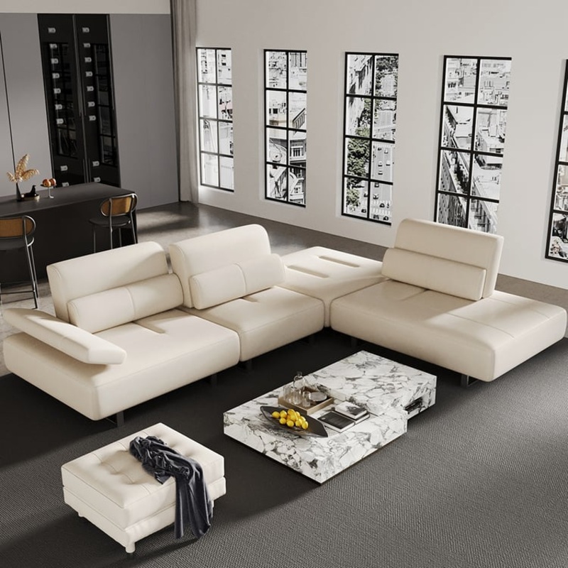 134.6″ White Leather Lounge Deep Seat Sectional Sofa with Adjustable Armrest & Backrest