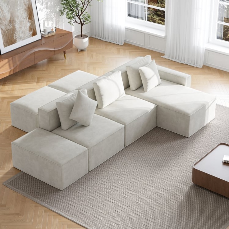 138″ 6-Piece Cotton & Linen Modular Chaise Sectional Sofa with Ottomans