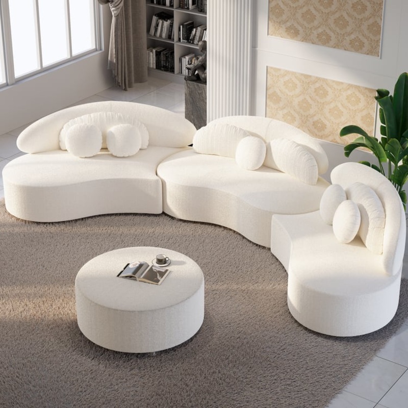 146″ 4-Piece Curved Boucle Sectional Sofa with Ottoman & Pillows
