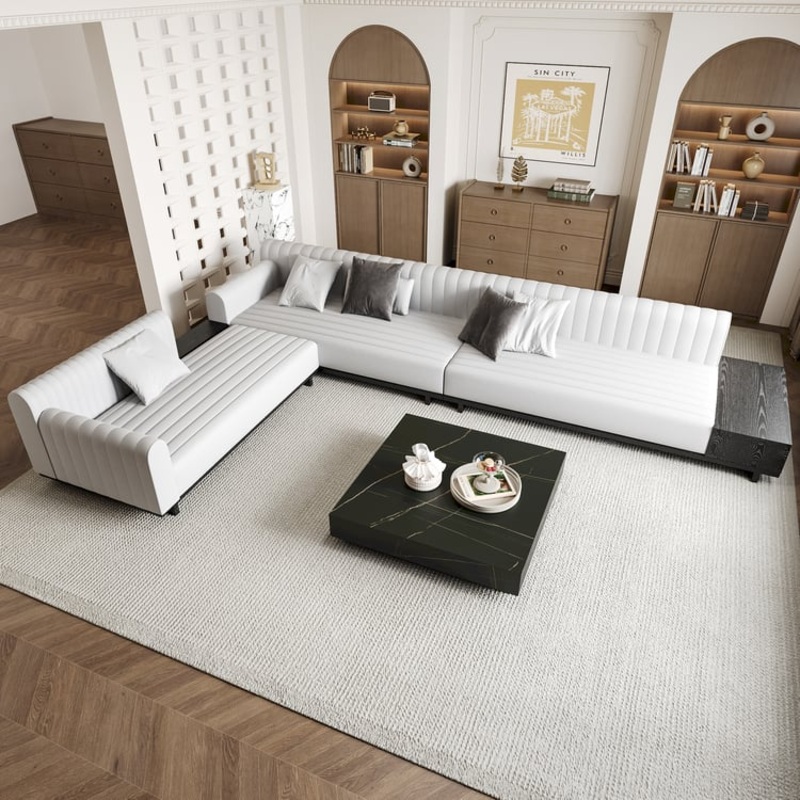 157″ Modern Corner L-Shaped Sectional Sofa Cotton & Linen & Sintered Stone Coffee Table