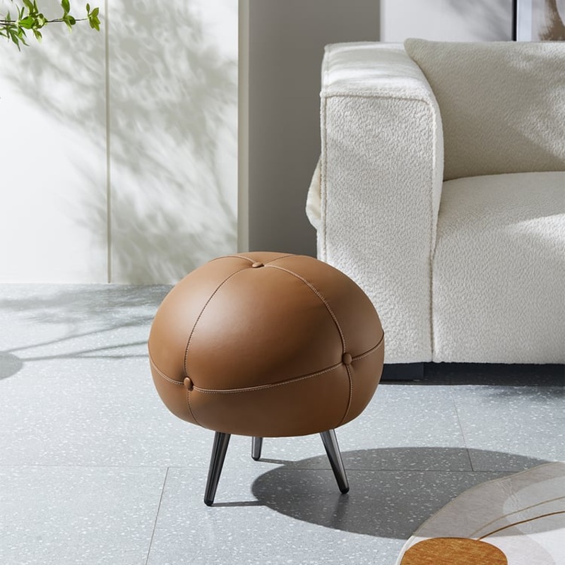 17.7”Dia Modern Round Buttoned Faux Leather Pouf Ottoman Upholstered Footstool in Brown