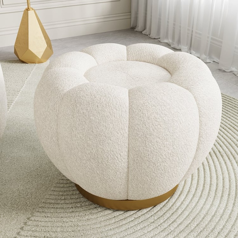 23.6”Dia Modern White Cream Boucle Ottoman Pumpkin Pouf Ottoman Cloud Foot Stool