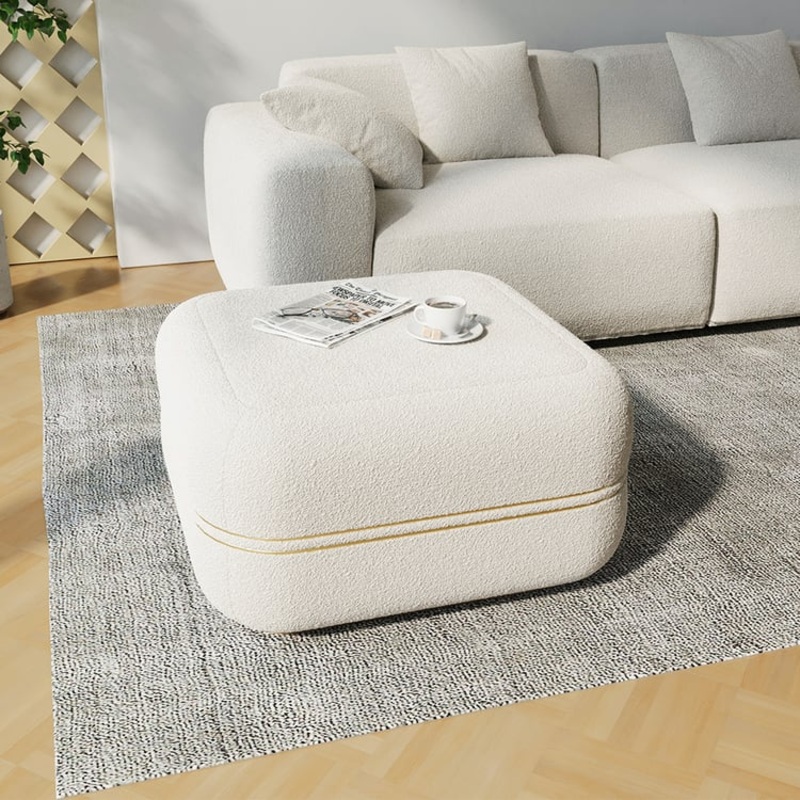 30.3” White Boucle Coffee Table Ottoman with Gold Rim Square Ottoman Pouf Foot Stool