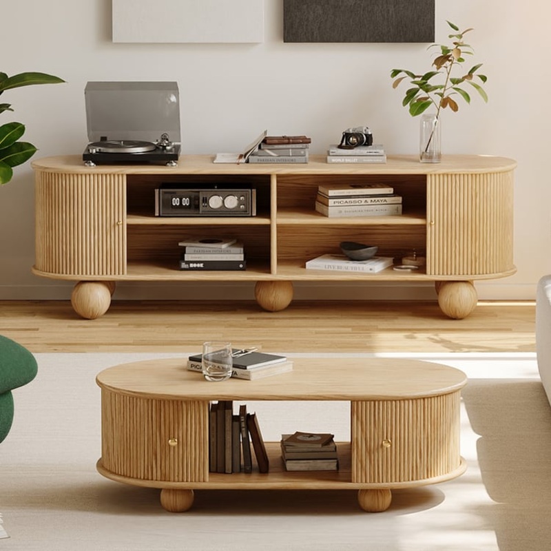 Stria 47″ Oval Natural Solid Wood Fluted Coffee Table with Storage 71″ Ash Wood TV Stand
