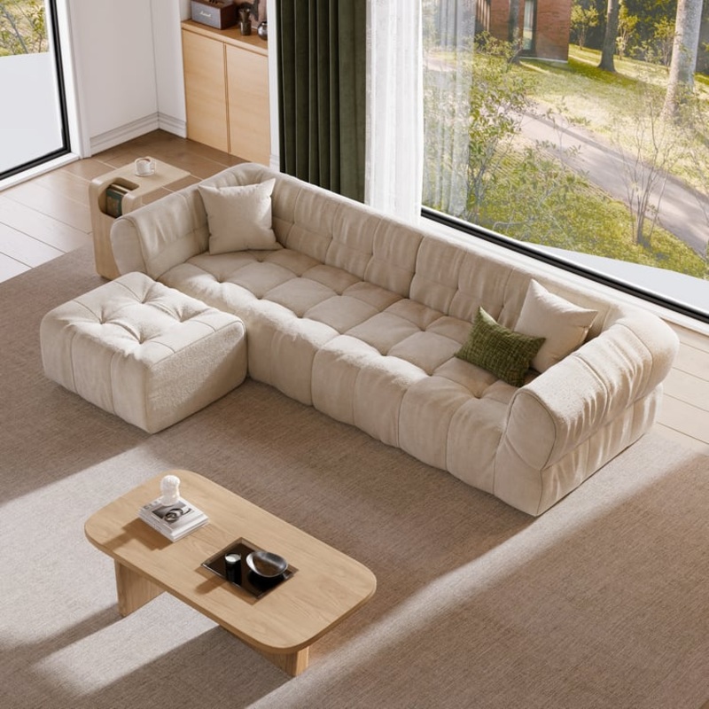 3-Piece 113″ Cotton & Linen Tufted Sofa with Ottoman