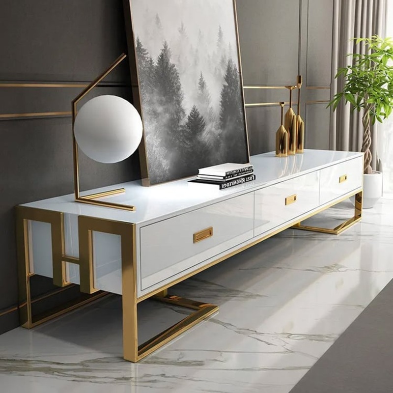71″ Modern Jocise White & Gold TV Stand 3 Drawers Media Console