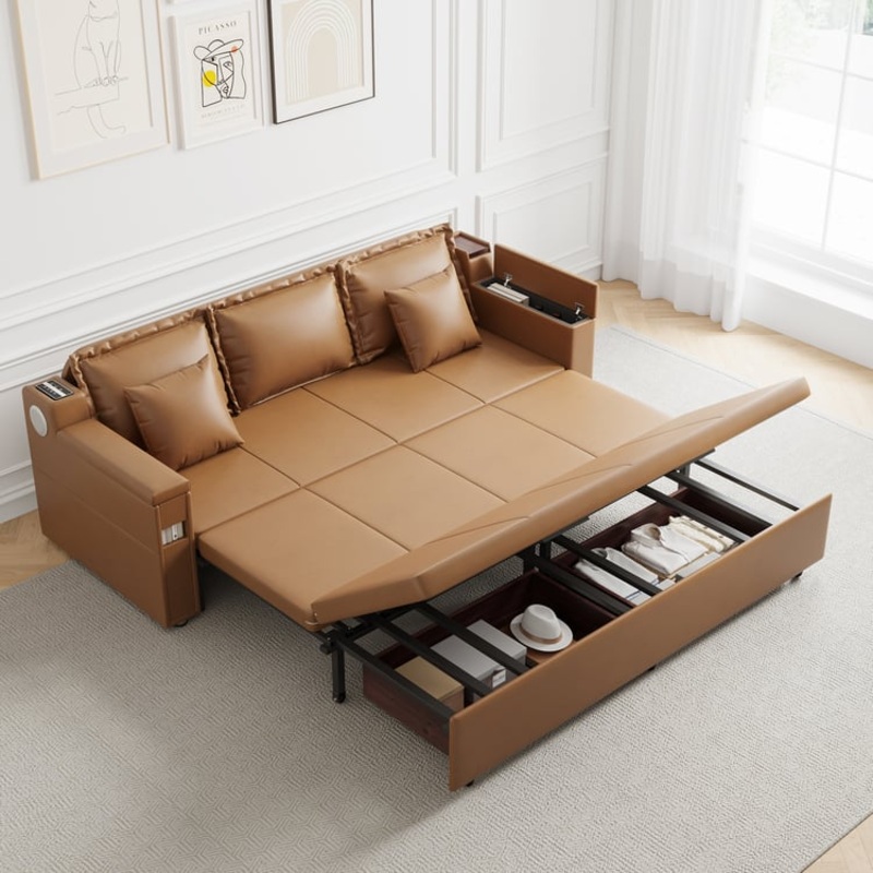 83″ Leather Sleeper Sofa 3-Seater with Speaker