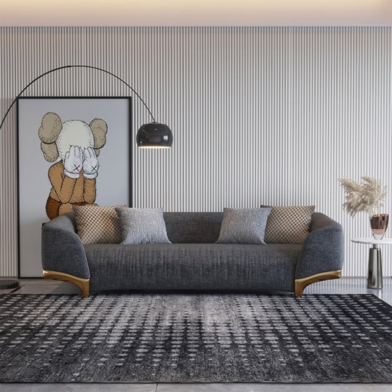 87″ Gray 3-Seat Cotton & Linen Upholstered Sofa with Pillows Gold Legs