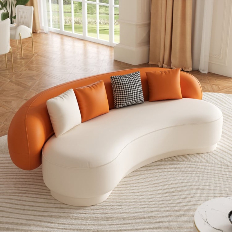 Suncurve Modern Leather Upholstered Sofa 3-Seater Sofa 82.7″ Orange&White Sofa