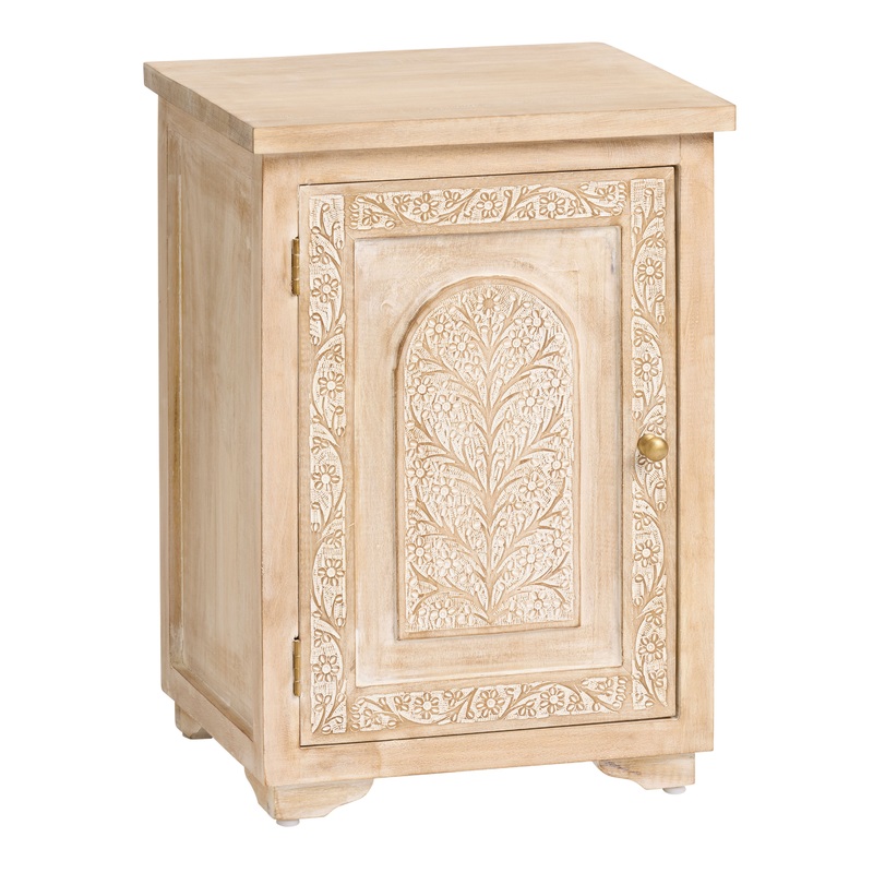 Tree of Life Natural and White Carved Wood Storage Cabinet