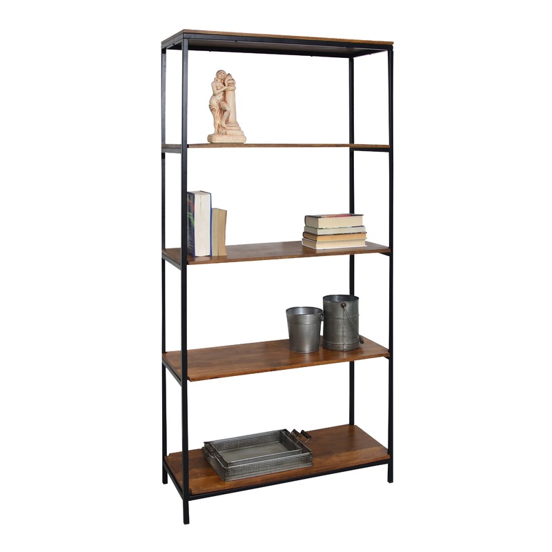 Williard Chestnut Wood and Black Metal Bookshelf