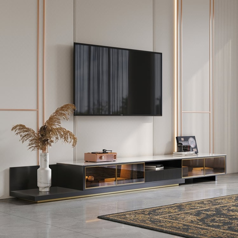 110.2″ Black Modern Extendable TV Stand Glass Door Media Console with LED Light & Drawer