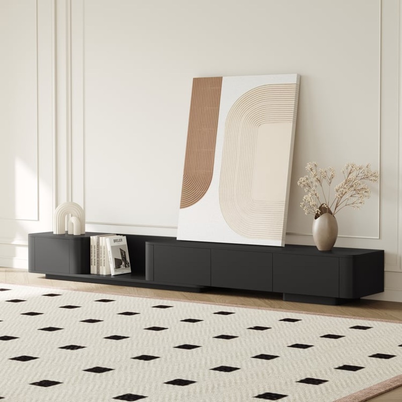 118.1″ Black Modern Wood Extendable TV Stand with 4 Drawer Media Console