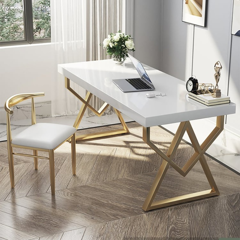 39.4″ Modern White Rectangular Writing Desk with Gold Base