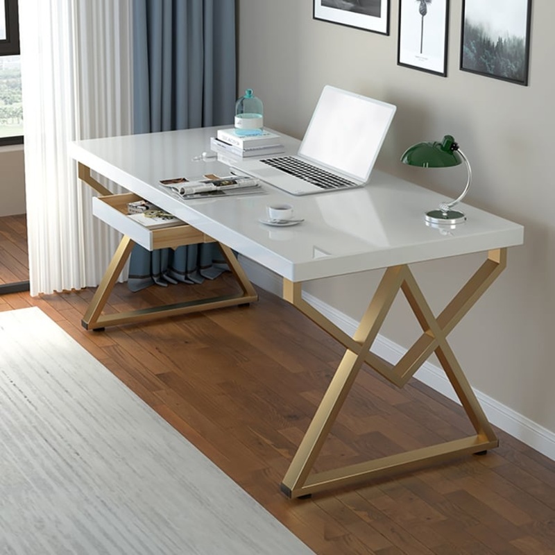 47″ Modern Rectangular White Writing Desk Metal Base Wooden Home Office Desk with Drawer