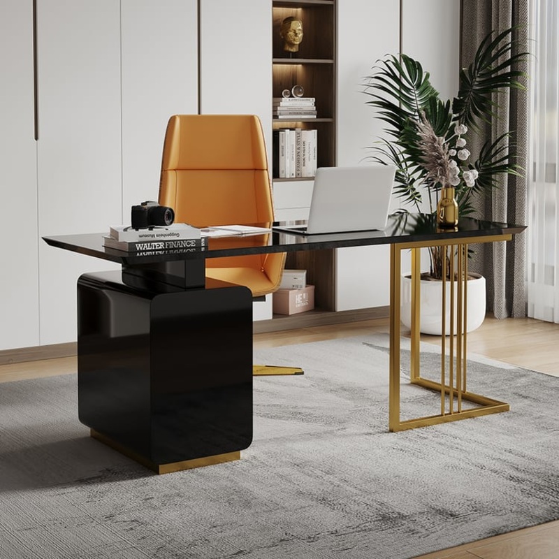 55″ Modern Black Office Desk with Drawers & Side Cabinet in Gold Base