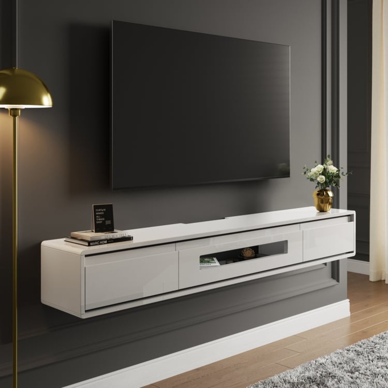 59.1″ White Smooth TV Stand Postmodern Minimalist Floating Media Console with Storage