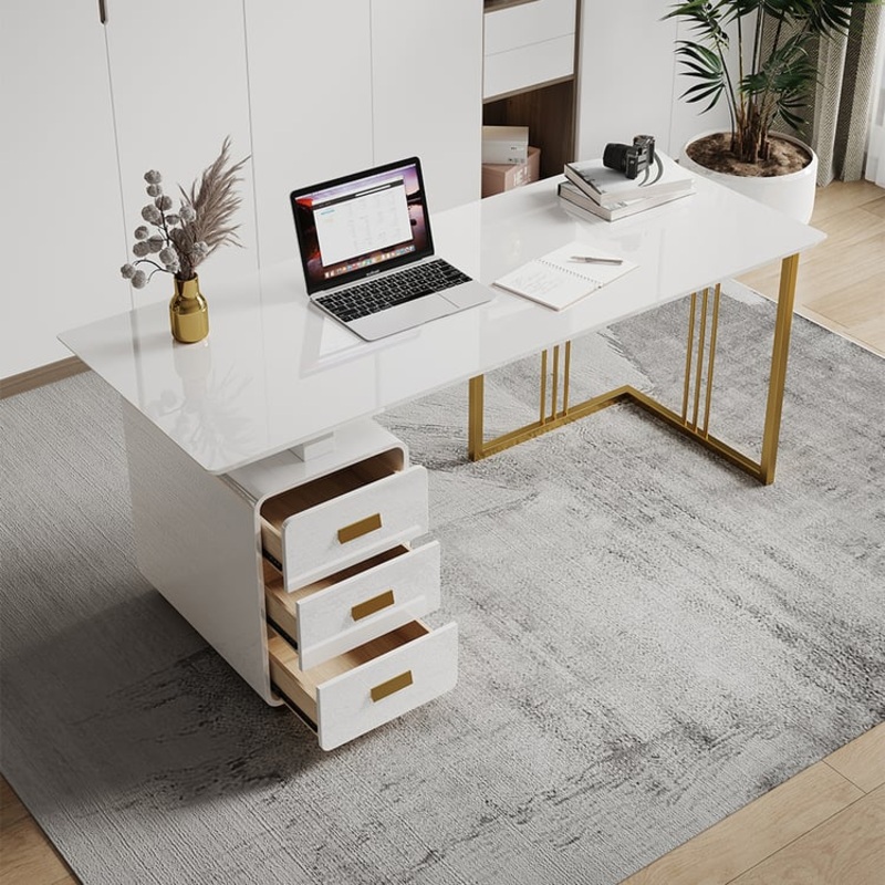 63″ Modern White Executive Desk with Drawers & Side Cabinet in Gold Base