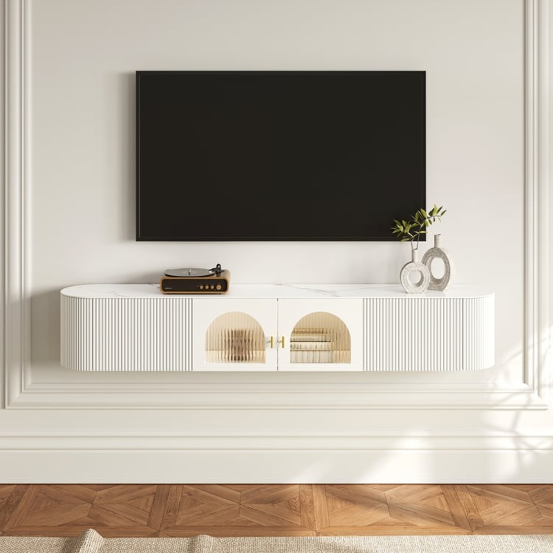 70.8″ White SinteredStone Floating Wall-Mounted TV Stand
