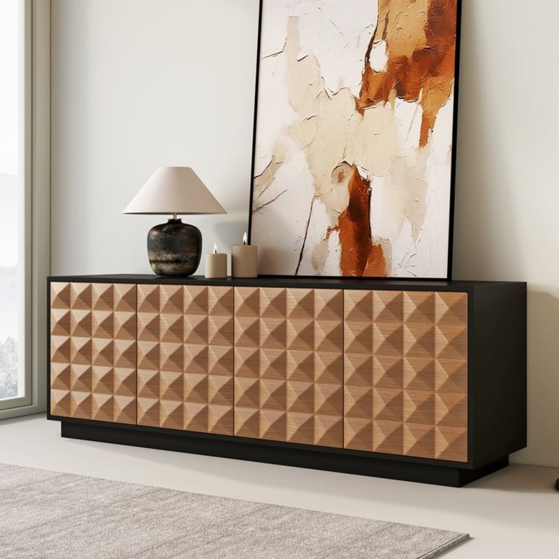 70.9″ Modern Black & Natural Tall TV Stand with Storage for 75 inch tv