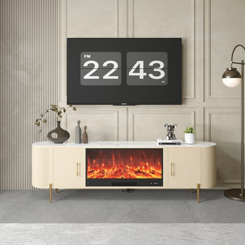 78.7″ Sintered Stone Top Electric Fireplace TV Stand with Remote Control and Storage