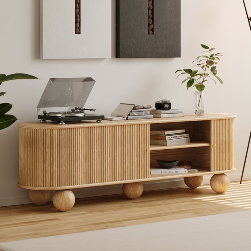 Stria 71″ Oval Ash Wood Fluted TV Stand with Storage