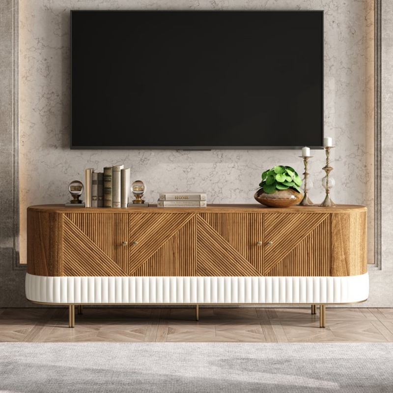 Wovent Mid-Century Modern Walnut Wood Tall TV Stand with Storage for 80 inch TV