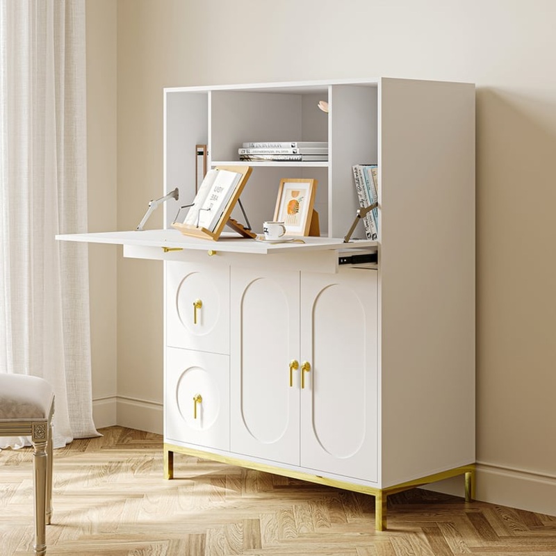 39.4″ Modern White & Gold Secretary Desk with 3 Drawers and 3 Doors Flip Design