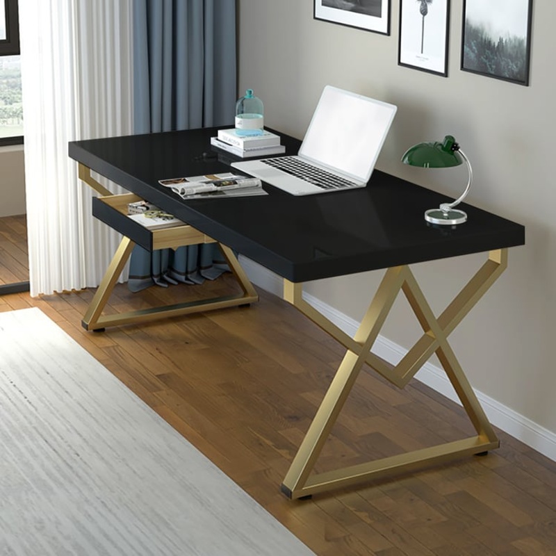47″ Modern Rectangular Black Writing Desk Metal Base Wooden Home Office Desk with Drawer